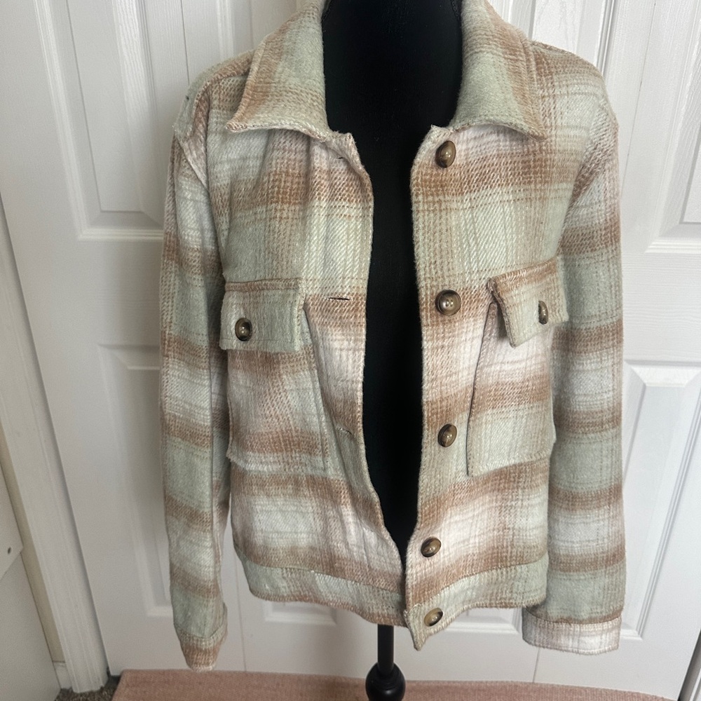 Umgee Plaid Utility Jacket in Brown and Cream